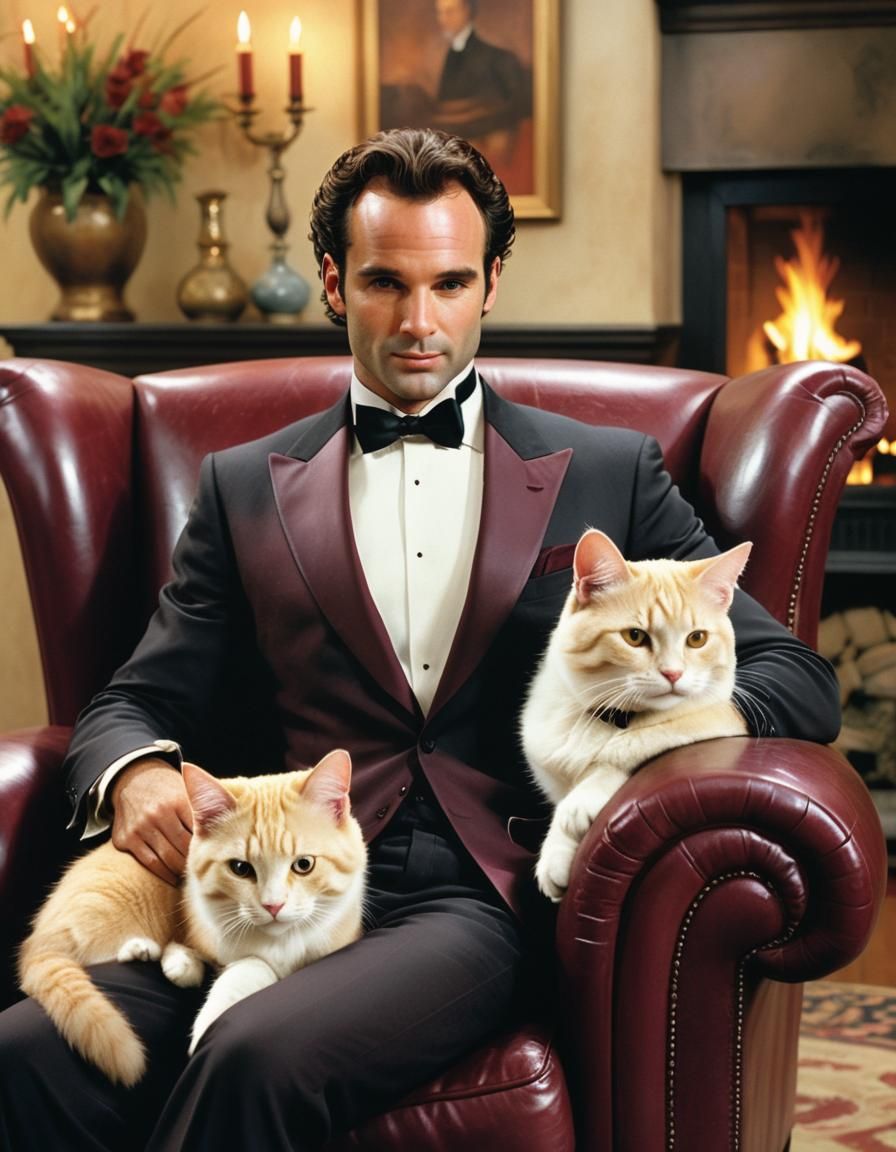 Man in Tuxedo Petting Cat, Watercolor Style