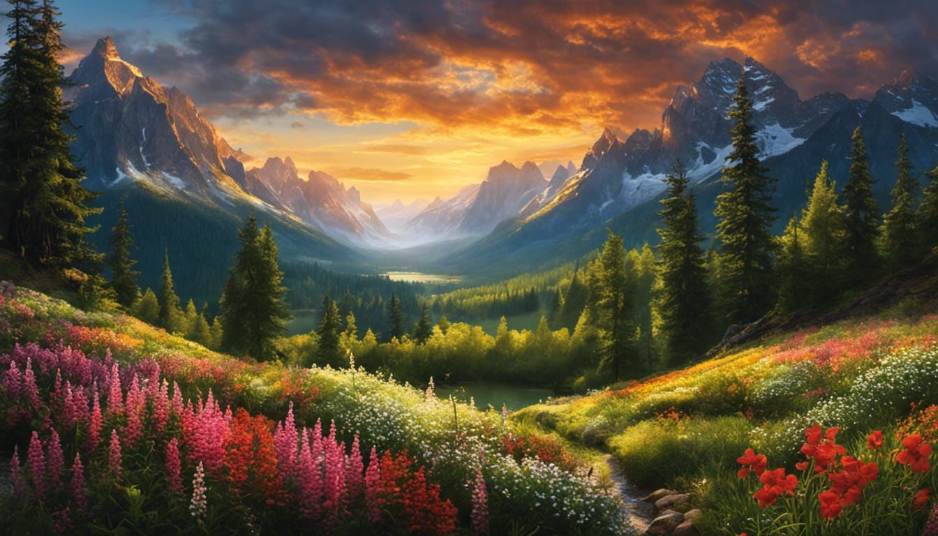 Mountain Landscape Portrait with Waterfalls and Wildlife