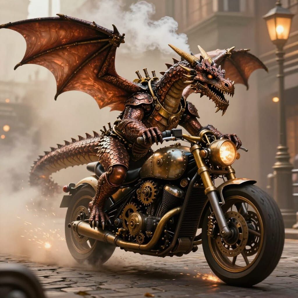 Steampunk Dragon Rides Motorcycle Through Golden Smoke