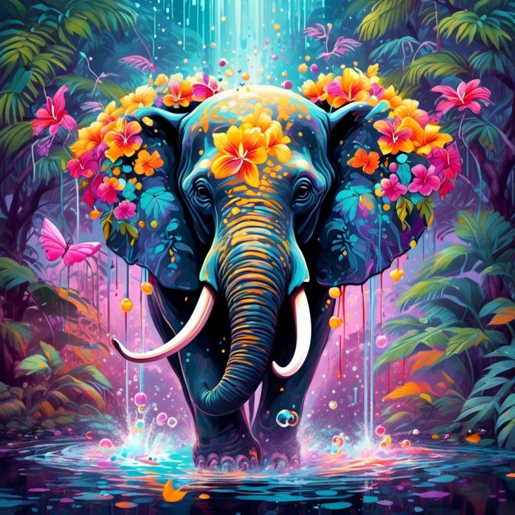 Sparkling Jungle Waterfall with Holographic Elephant