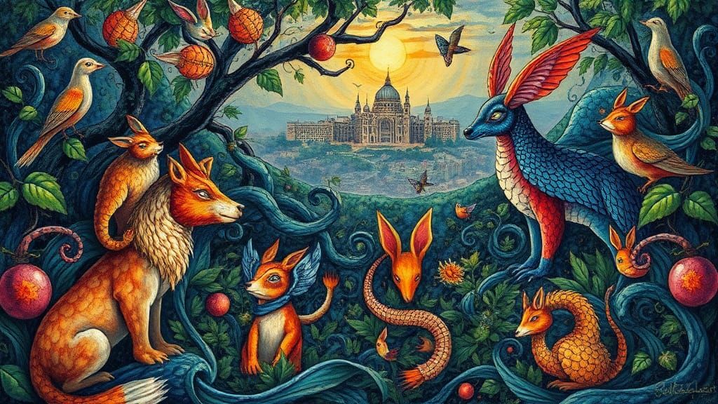 Whimsical Animals in Dreamlike Impasto Landscape