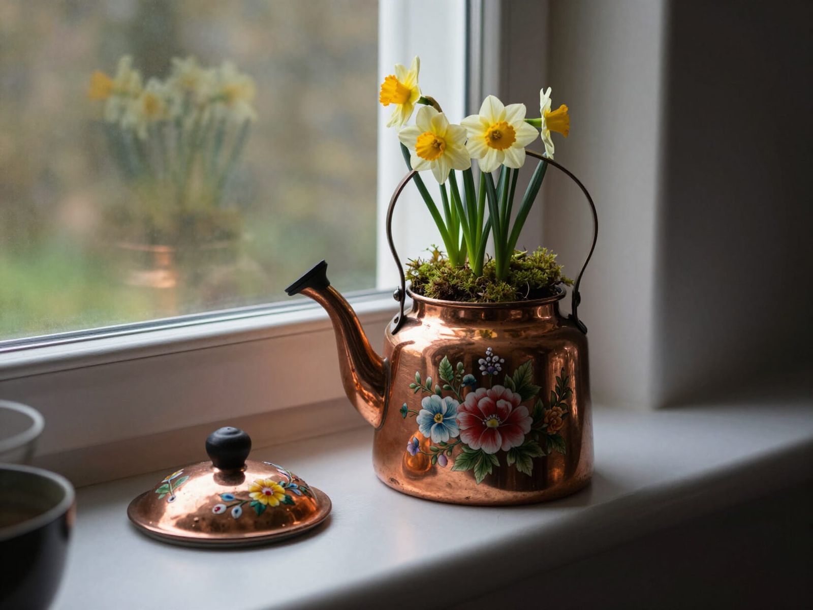 Copper Kettle Blooming with Daffodils in Cosy Kitchen