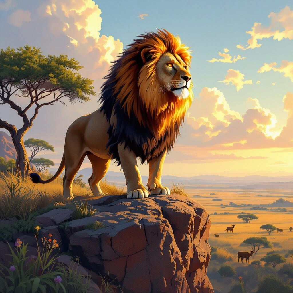 Fiery Lion on Savanna Cliff in Digital Painting Style