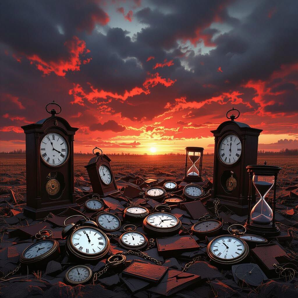 Shattered Timepieces in Barren Field