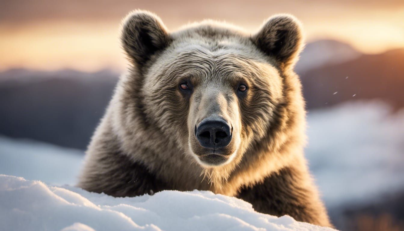 Chubby Gray Bear Cub on Snowy Mountainside