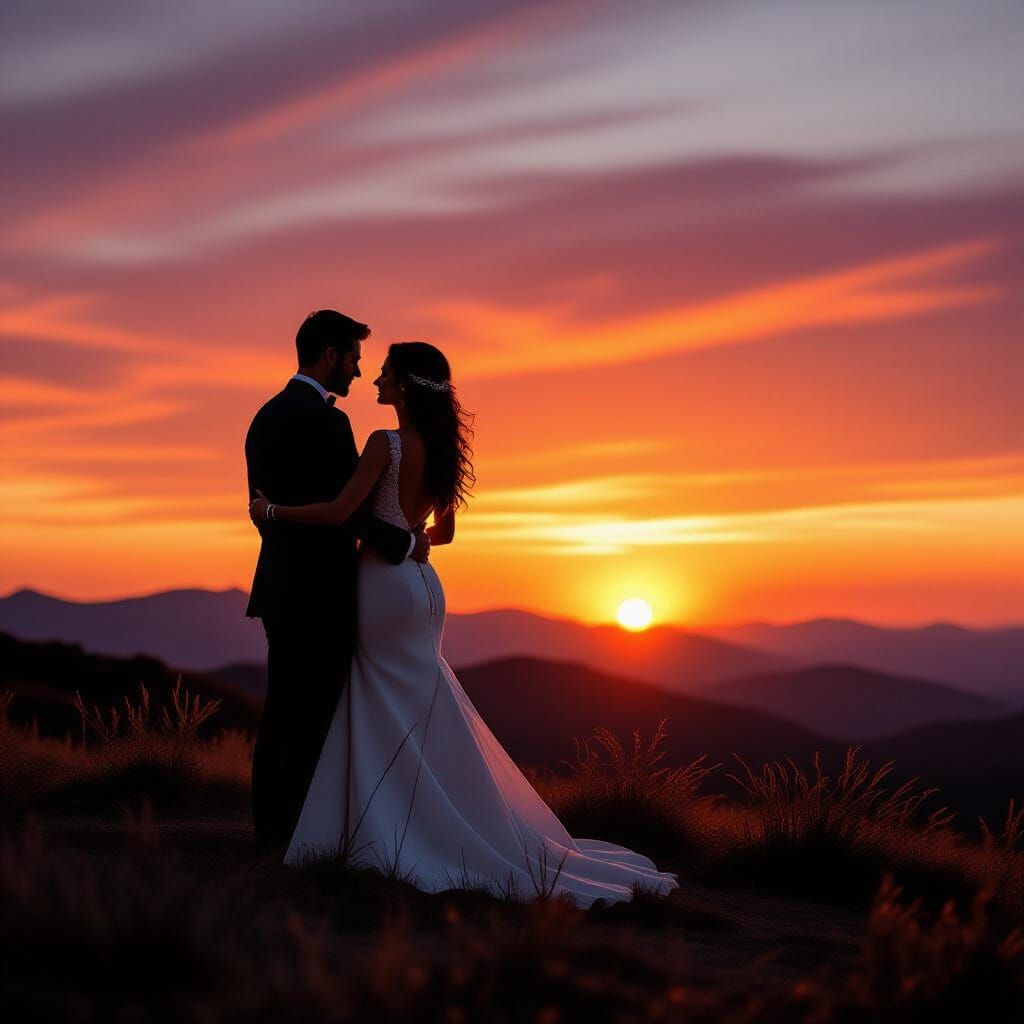 Silhouetted Couple Embrace at Sunset in Minimalist Style