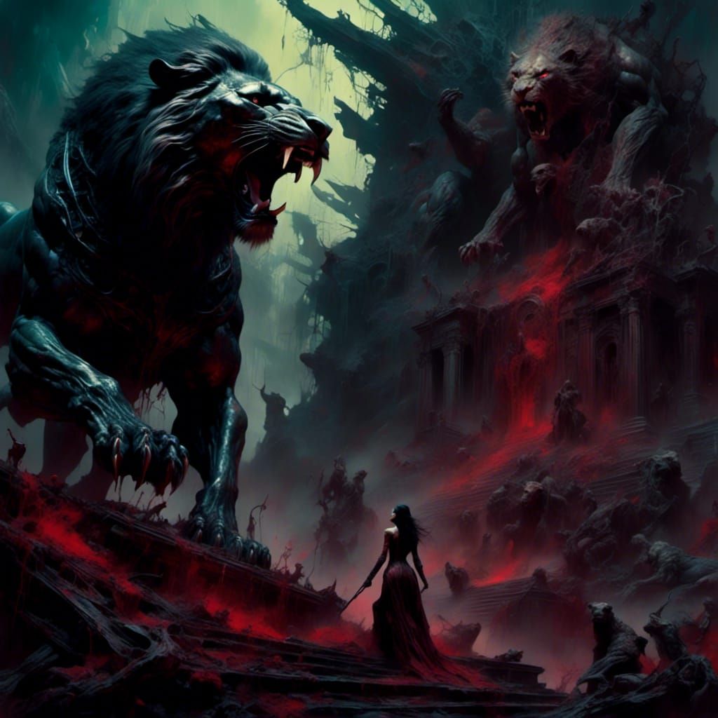 Epic Dark Priestess and Lion Beast Roaring