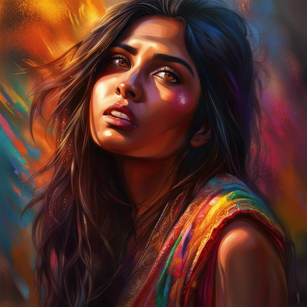 Beautiful Indian Woman Portrait in Hyperrealistic Splash Art