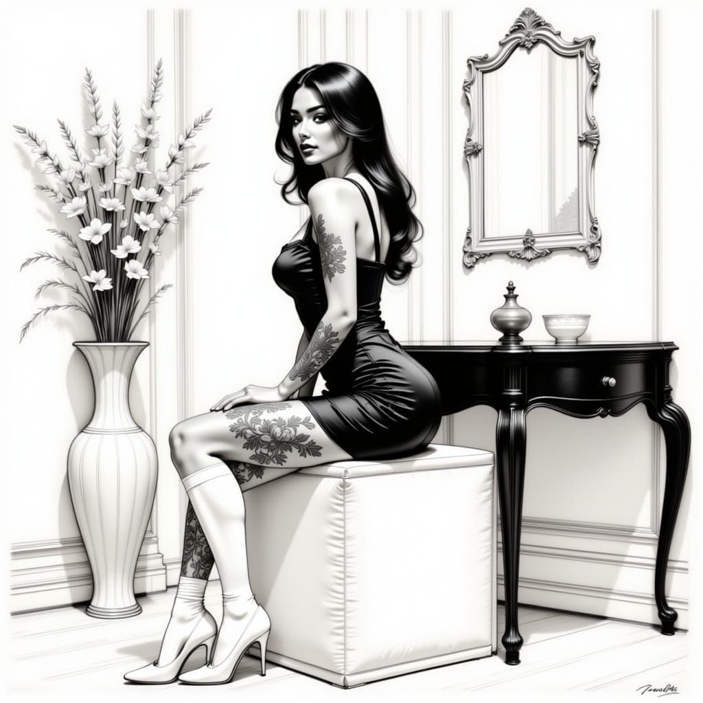 A portrait of a beautiful woman in a satin dress with curves...