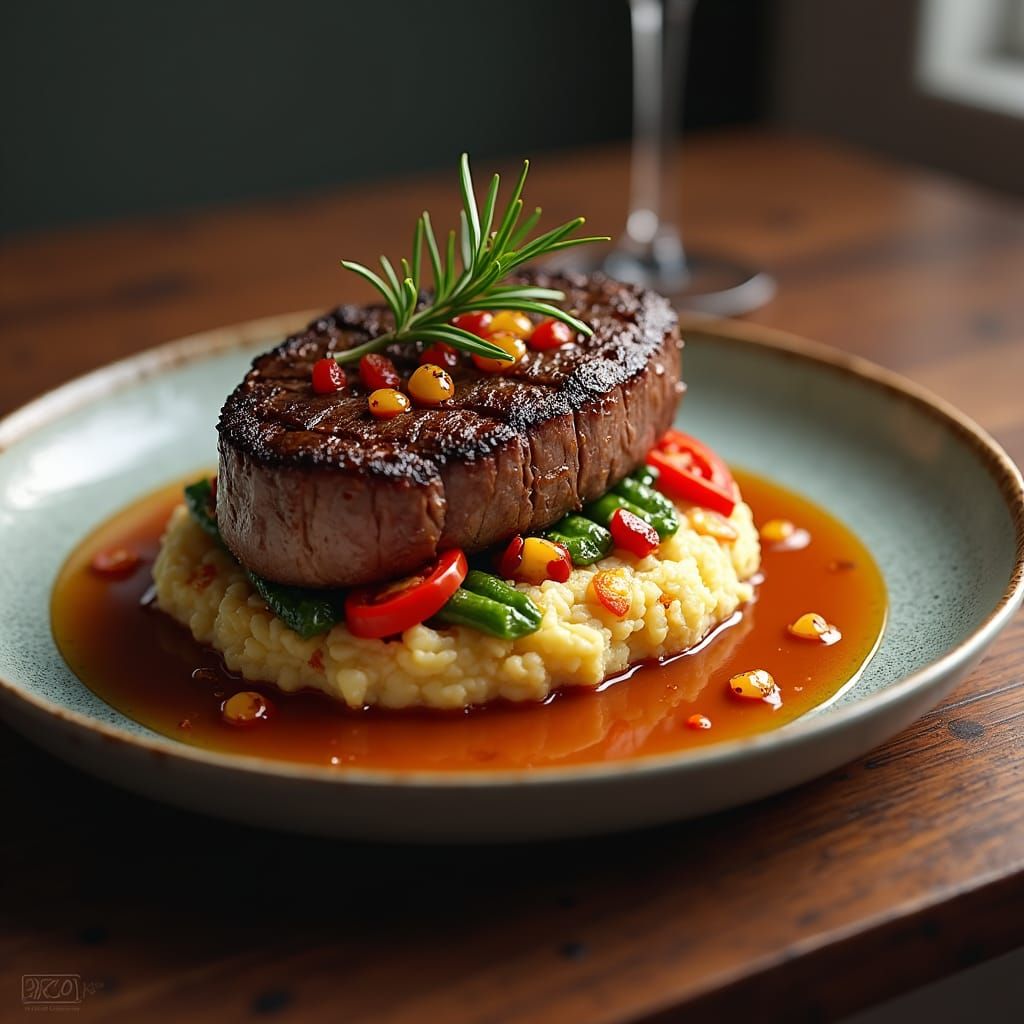 Gourmet Steak Dish with Vegetables in Detailed Digital Art