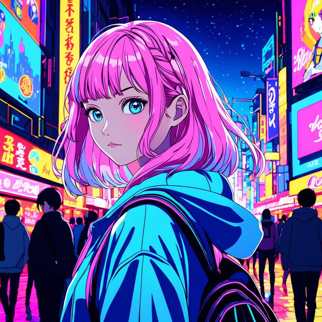 Anime Woman in City Nightlife