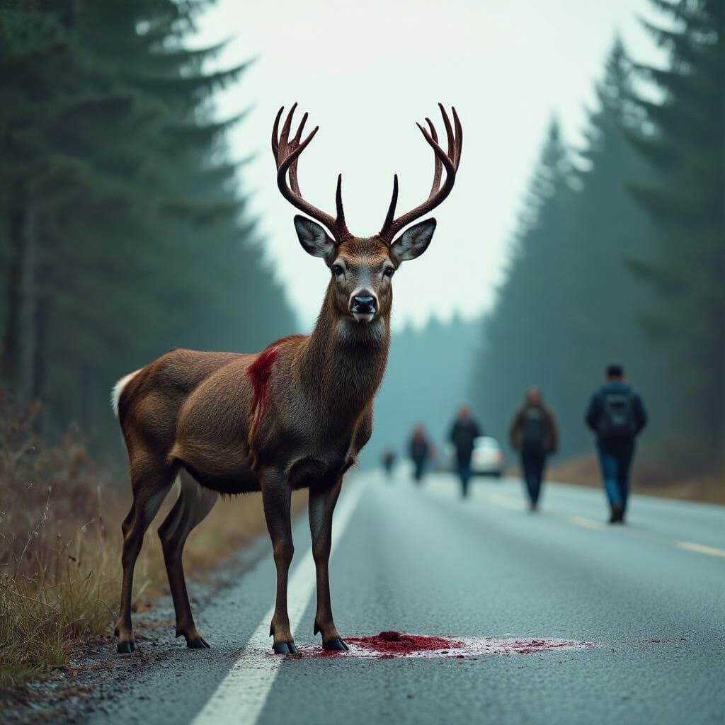 Eerie Deer with Human Hands and Fleeing Figures