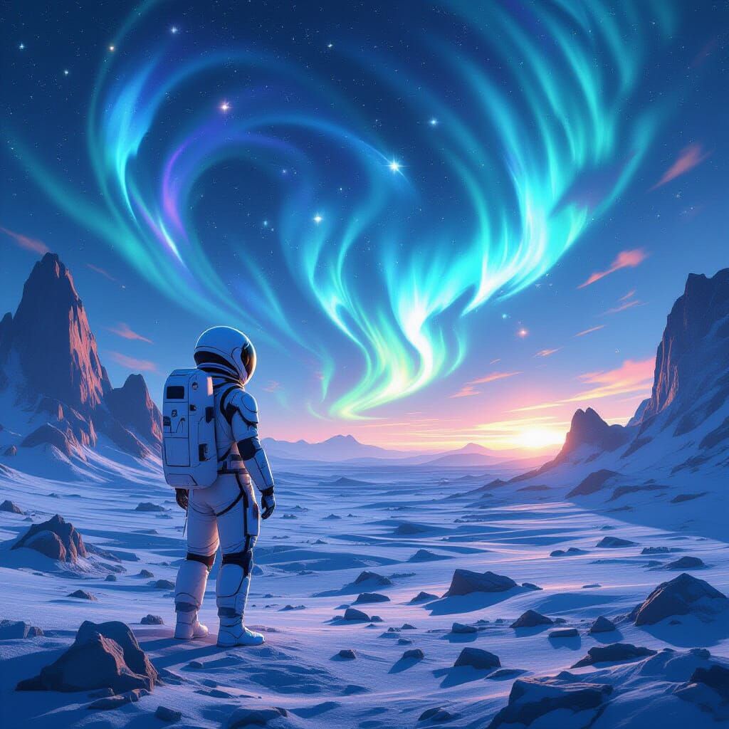 Astronaut Gazes at Alien Sky with Geometric Aurorae