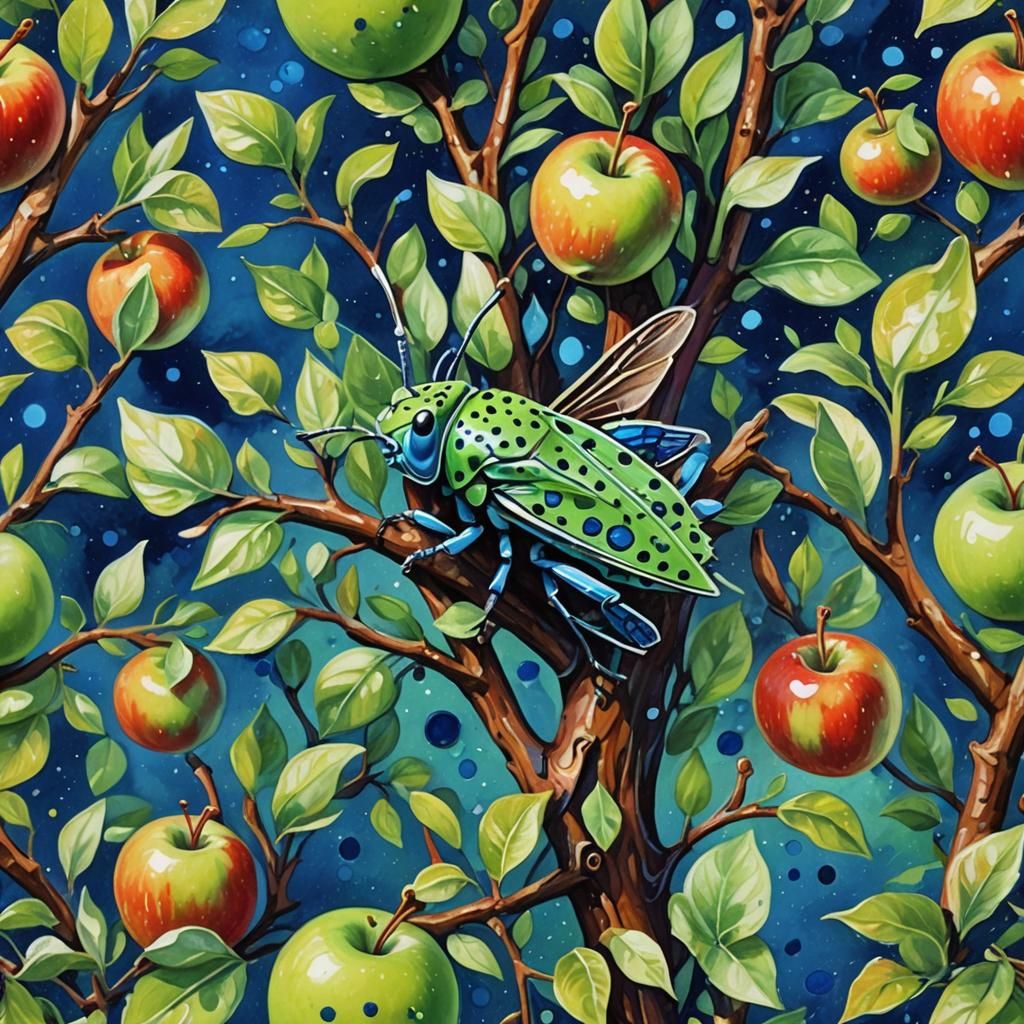 Neon Tree Hopper in Caramel World as Gouache Painting