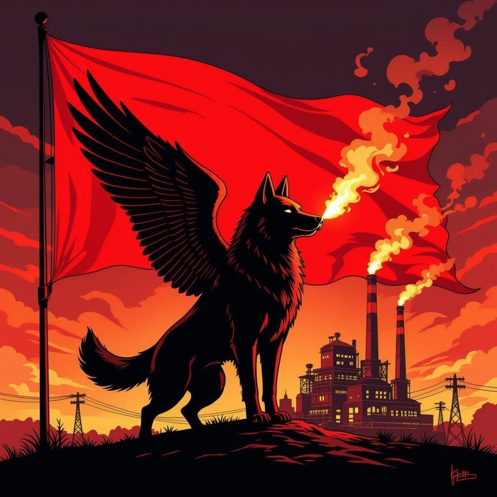 Winged Dog Flag with Lit Factory Art