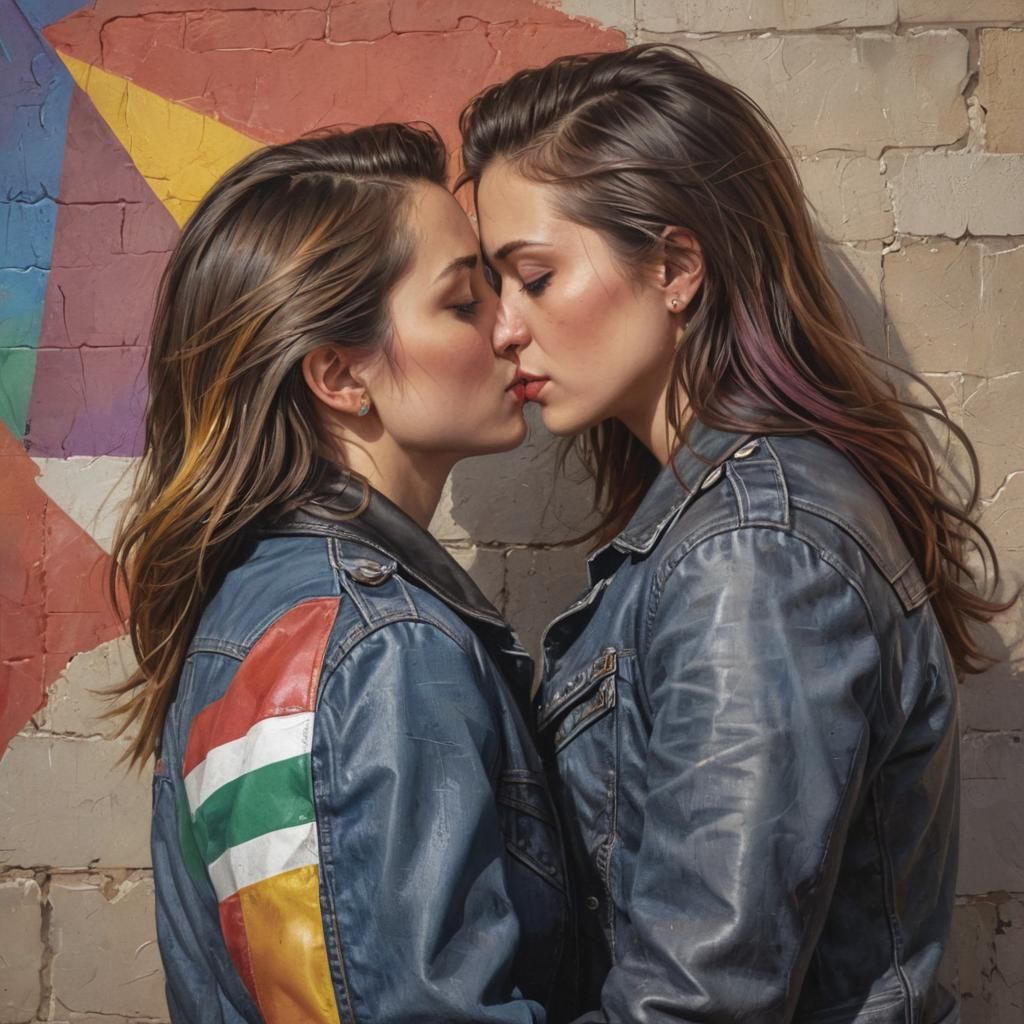 Lesbian Couple Cuddling: Triadic Oil Painting Portrait