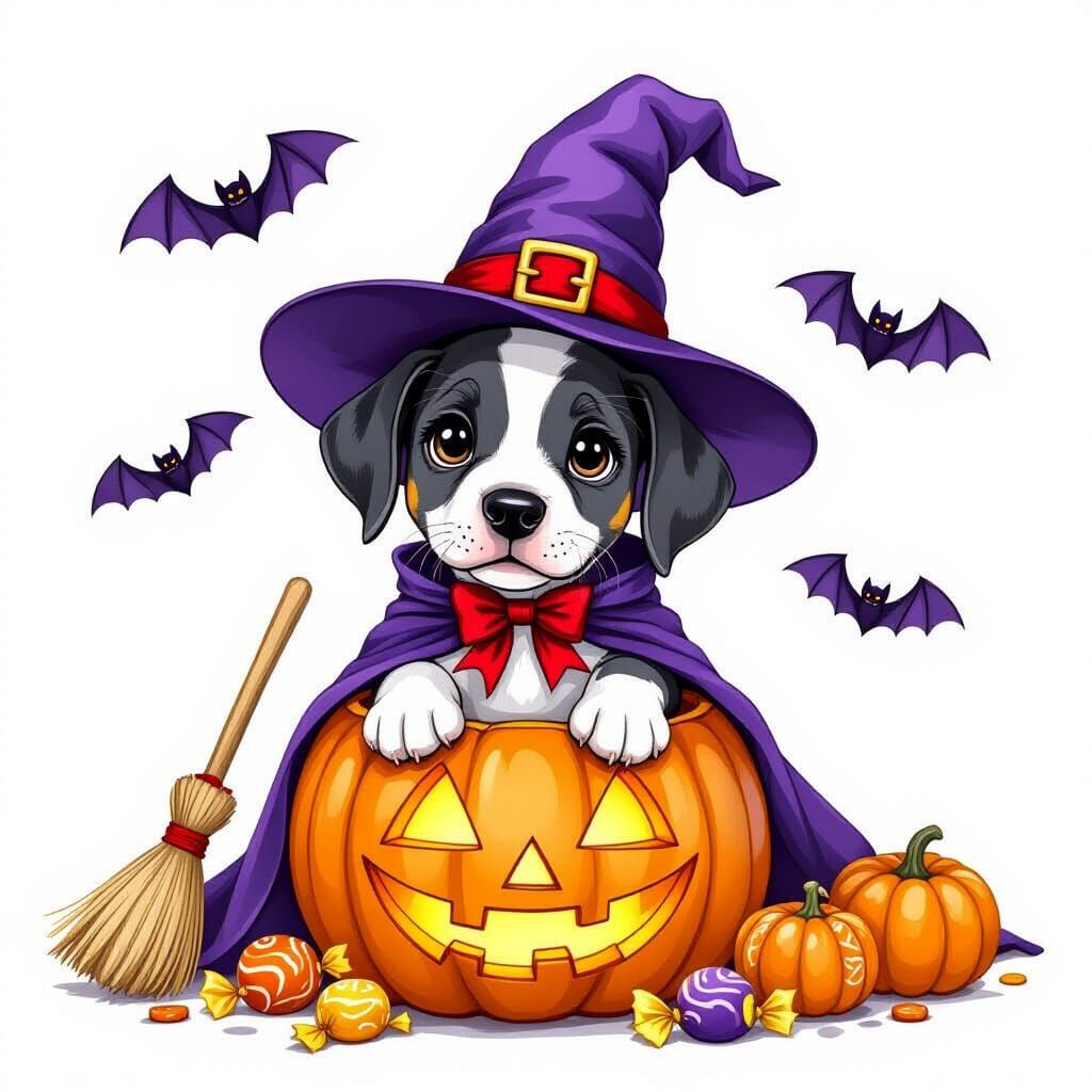 Cute Great Dane Puppy in Witch Hat Sits in Glowing Pumpkin
