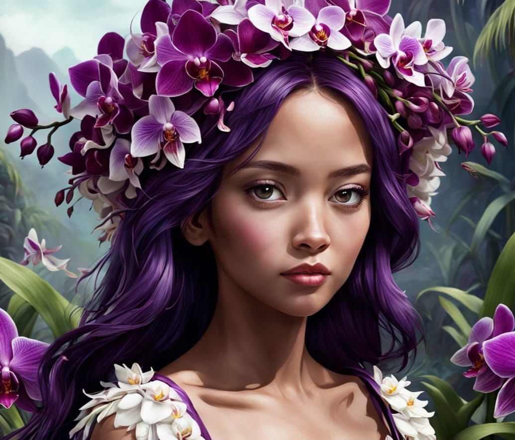 Orchid Crowned Hawaiian Princess in a Tropical Dream