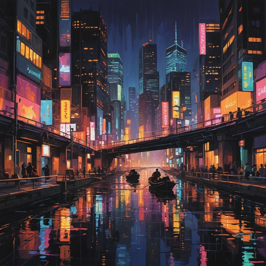 Neon Cityscape at Night in Tachisme Style