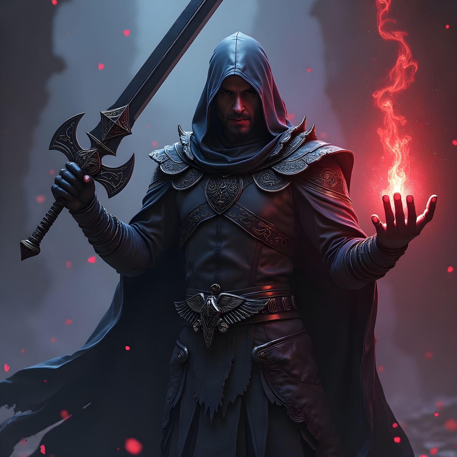 Drow Warlock with Black Longsword, in Fantasy Art Style