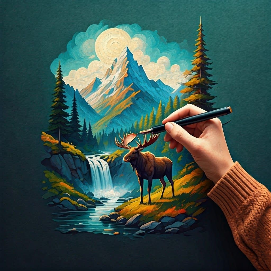 Mountain Landscape Drawn by Hand in Post-Impressionist Style