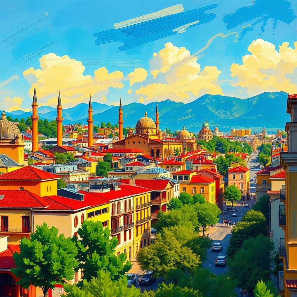 Vibrant Tirana Cityscape in Gouache Style