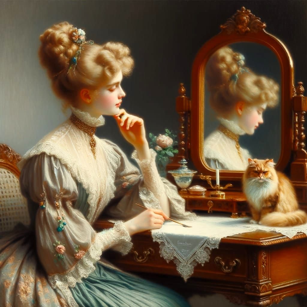 Pino Daeni painting. Medium shot. A beautiful woman sits at ...