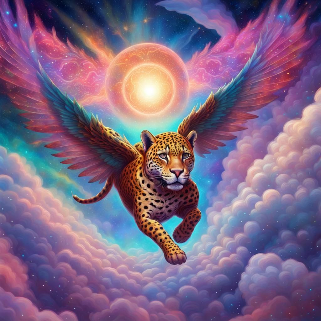 Winged Jaguar Soaring Through Clouds in Astral Illustration