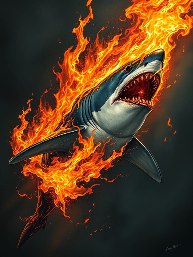 Flaming Shark in Gothic Horror Style