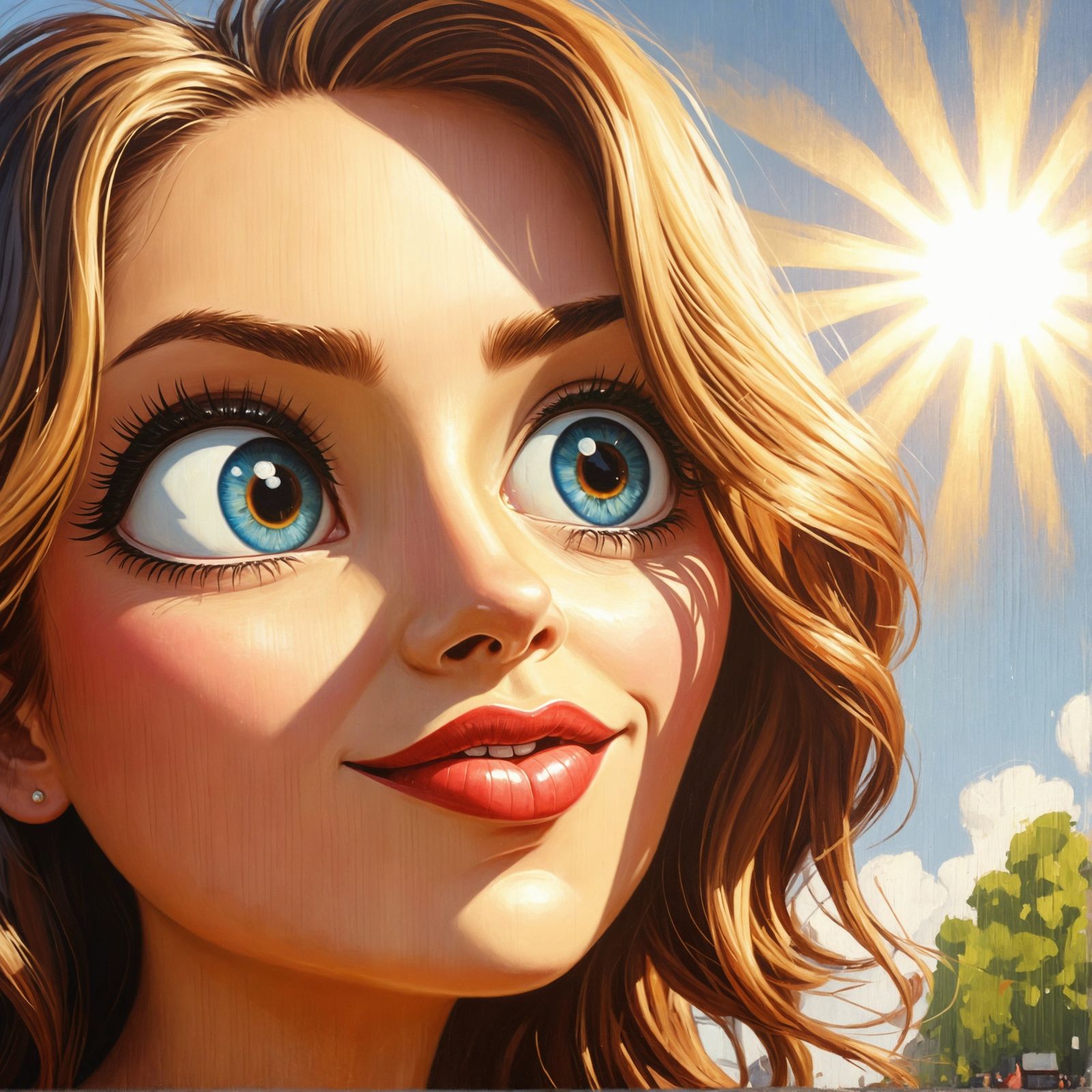Cartoon Woman with Expressive Eyes in Oil Painting Style