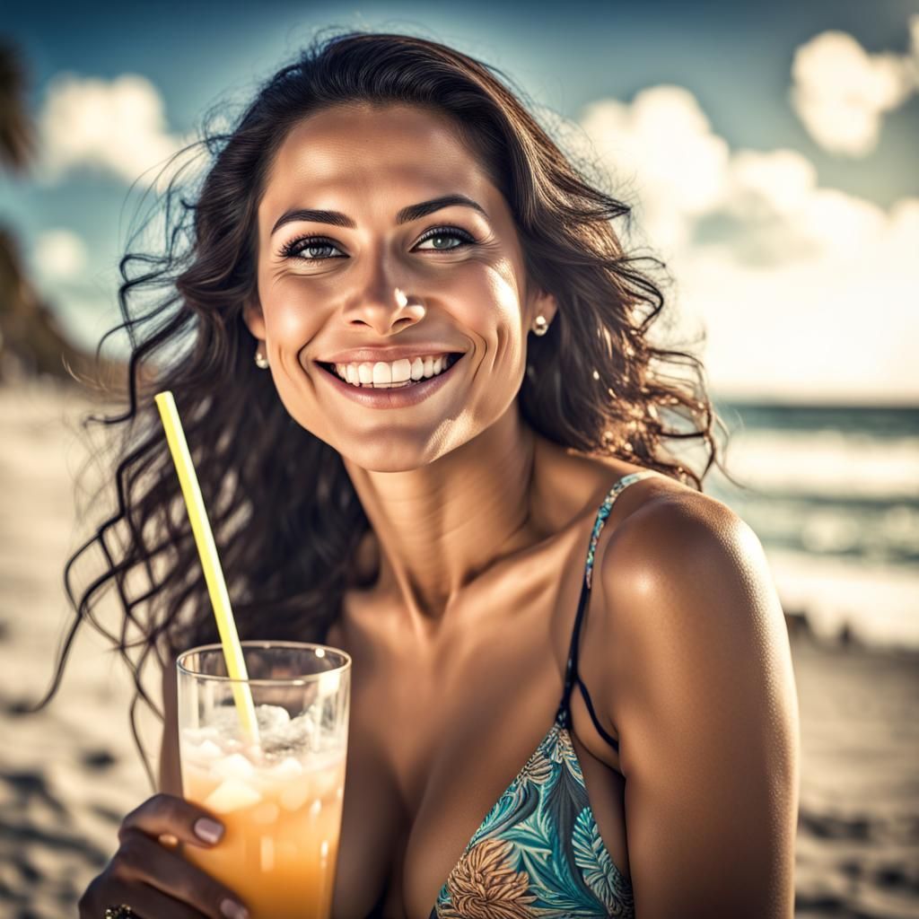 Latina Woman Smiling on Beach in Hyperrealistic Style