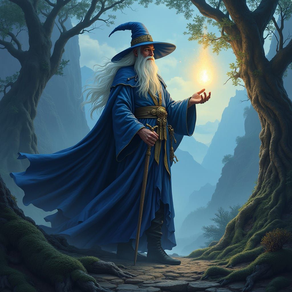 Ethereal Wizard Amidst Mystical Landscape
