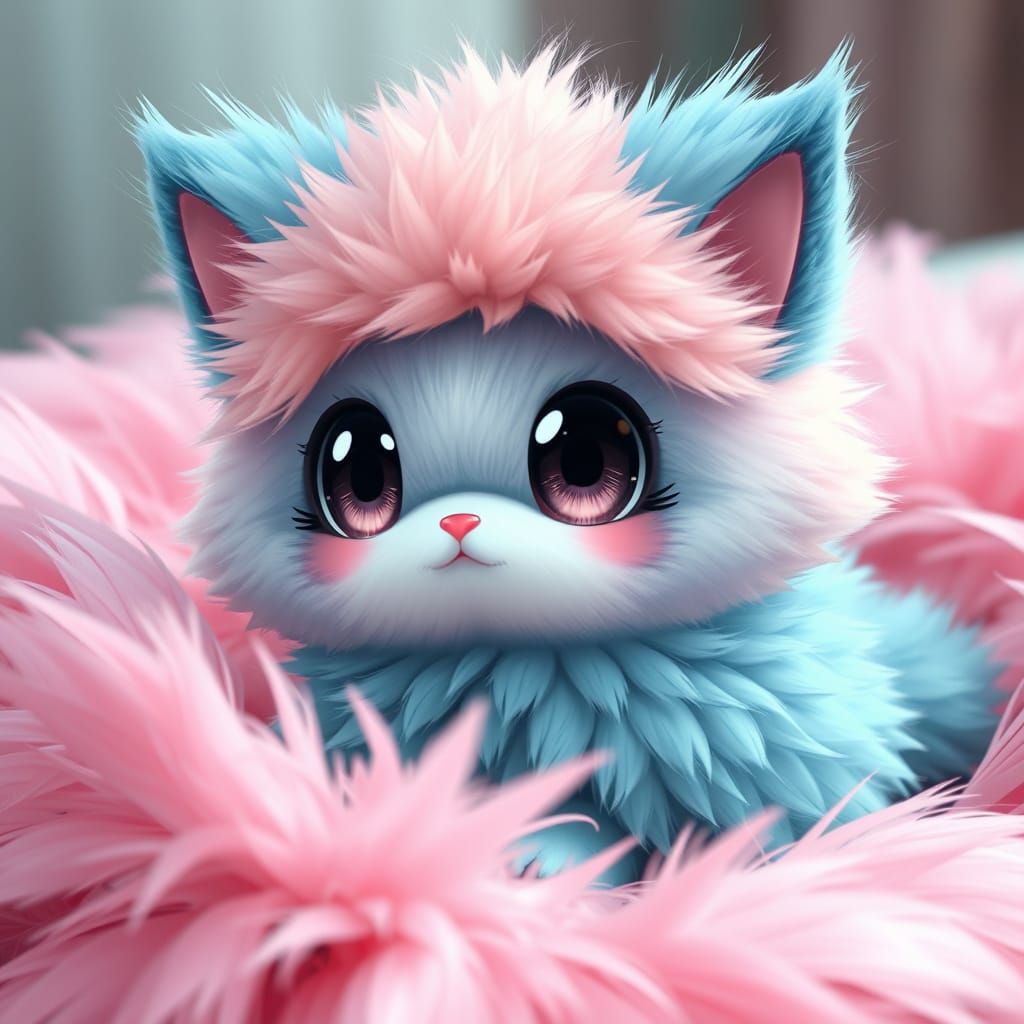 Cute Anime-Style Feline with Fluffy Ears and Pink Bed