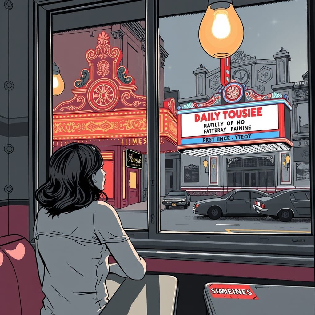 Woman Gazing at Ornate Theater in Mixed Media Style