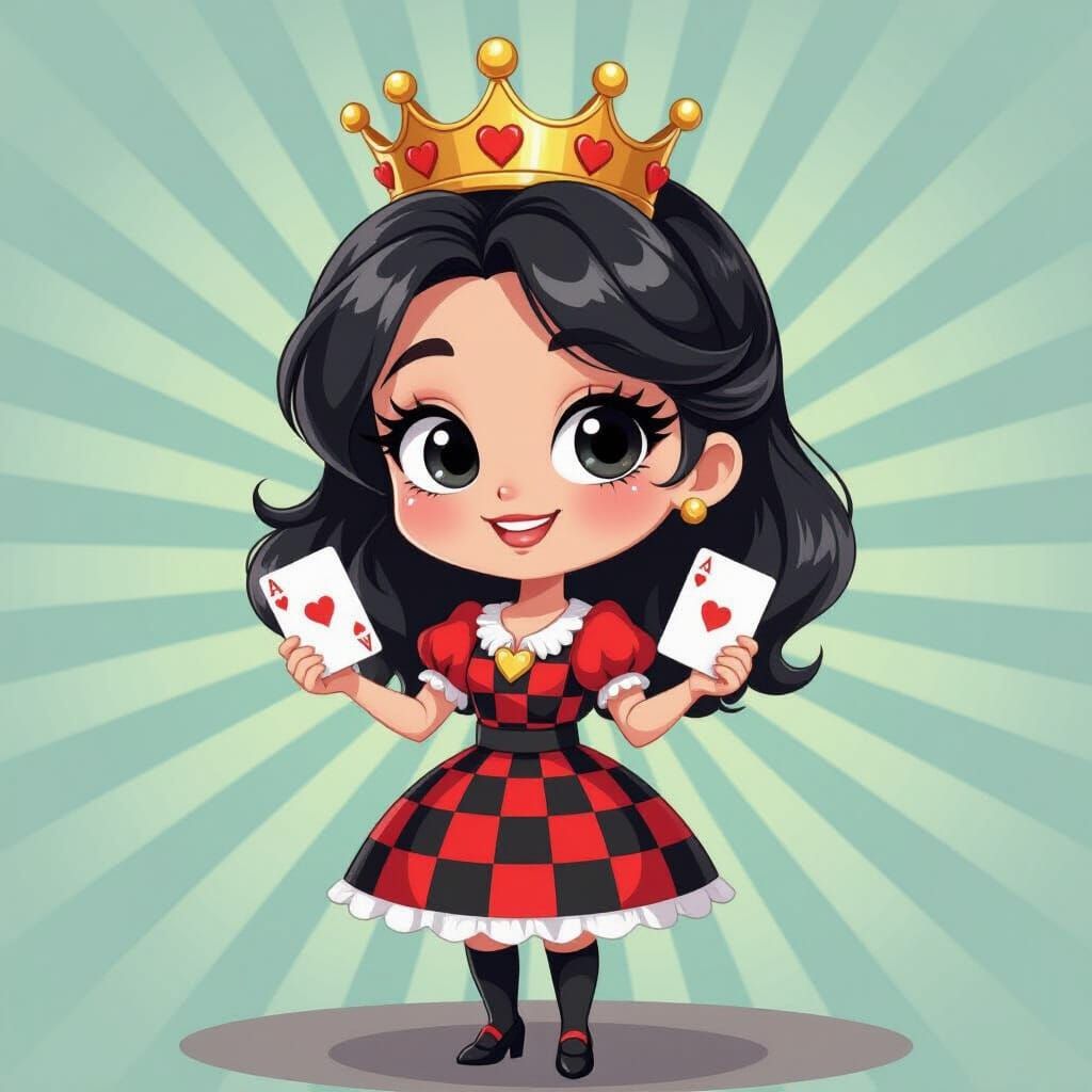 Chibi Woman in Red Dress with Playing Cards