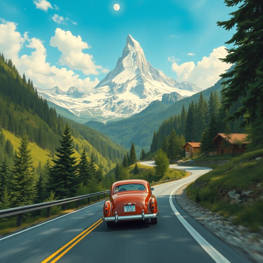 Vintage Car in Swiss Alps, Bierstadt Landscape