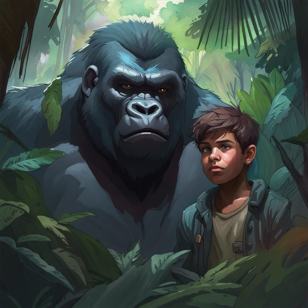 Boy and Giant Gorilla in Jungle