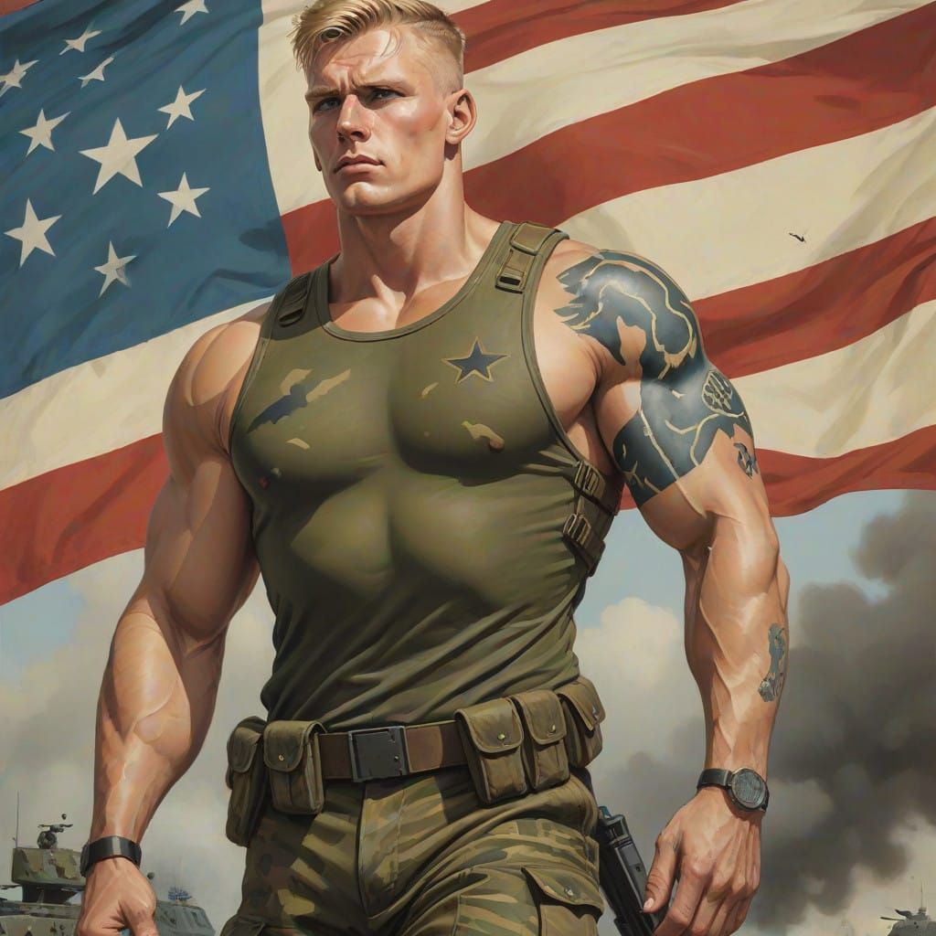 Muscular Hero in Military Gear