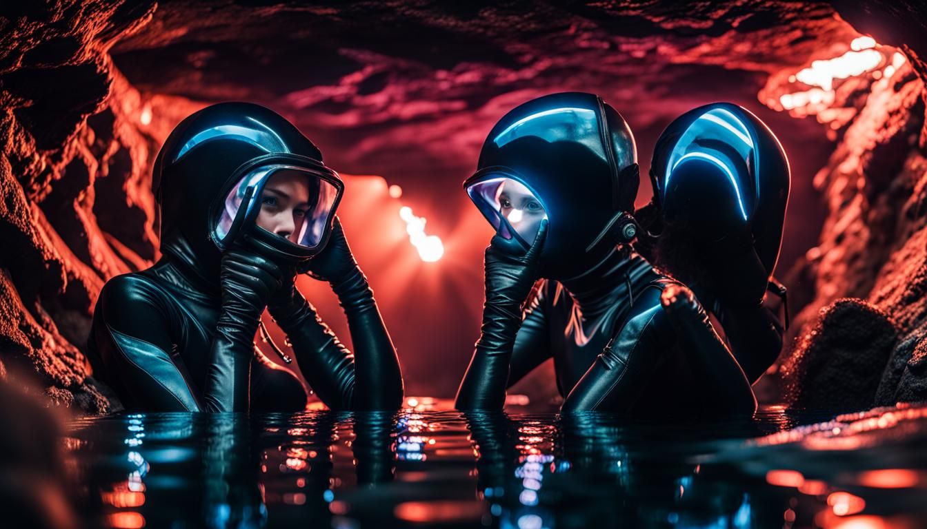 Futuristic Scuba Girls Explore Underwater Cave
