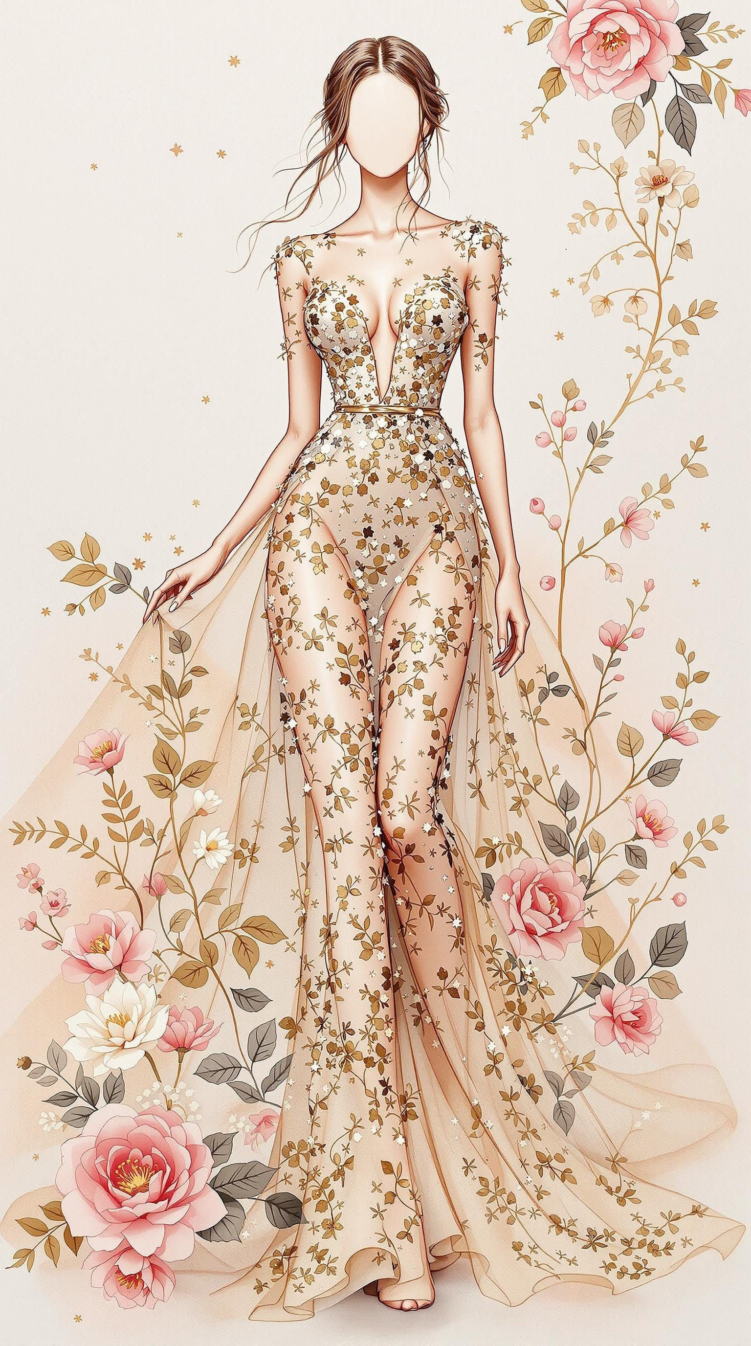 Glamorous Botanical Evening Gown in Blush Gold and Ivory