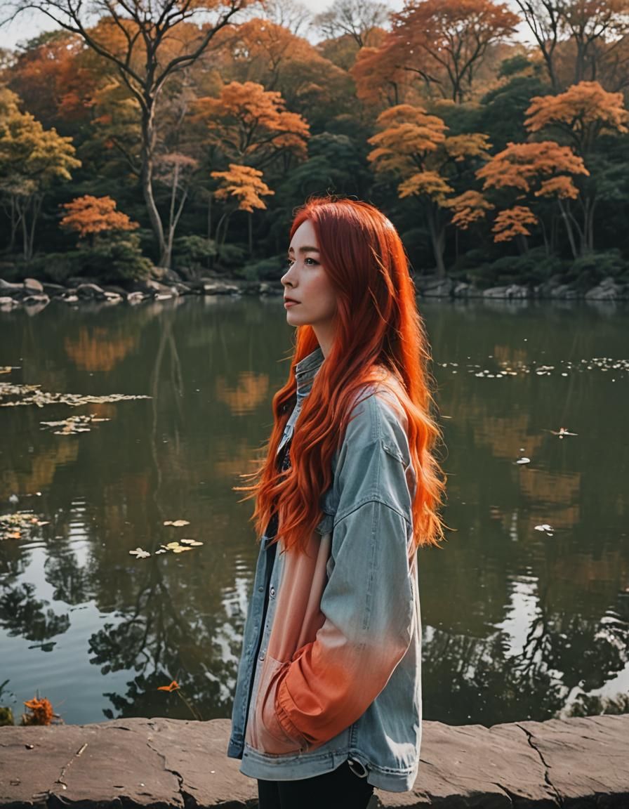a woman with red orange ombre hair standing next to a body o...