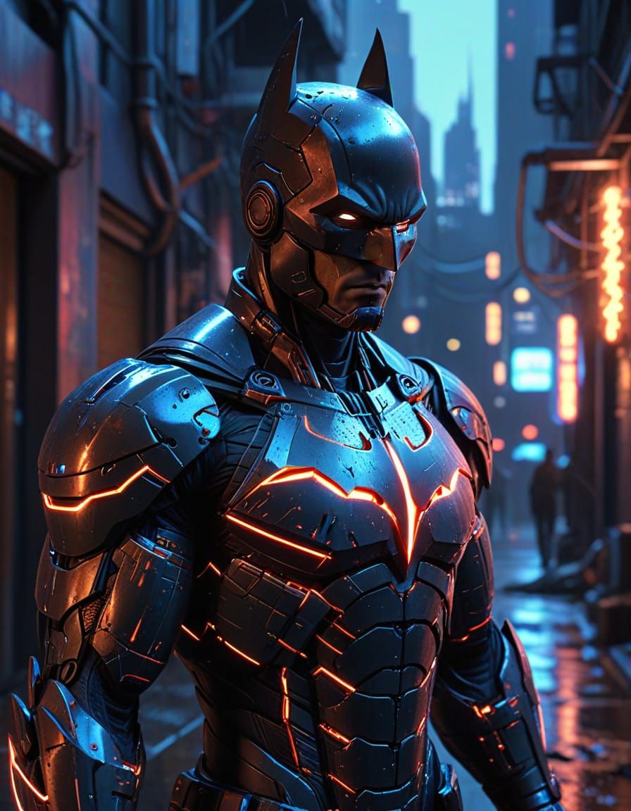 Cyberpunk Batman in Armored Suit with Neon Lights