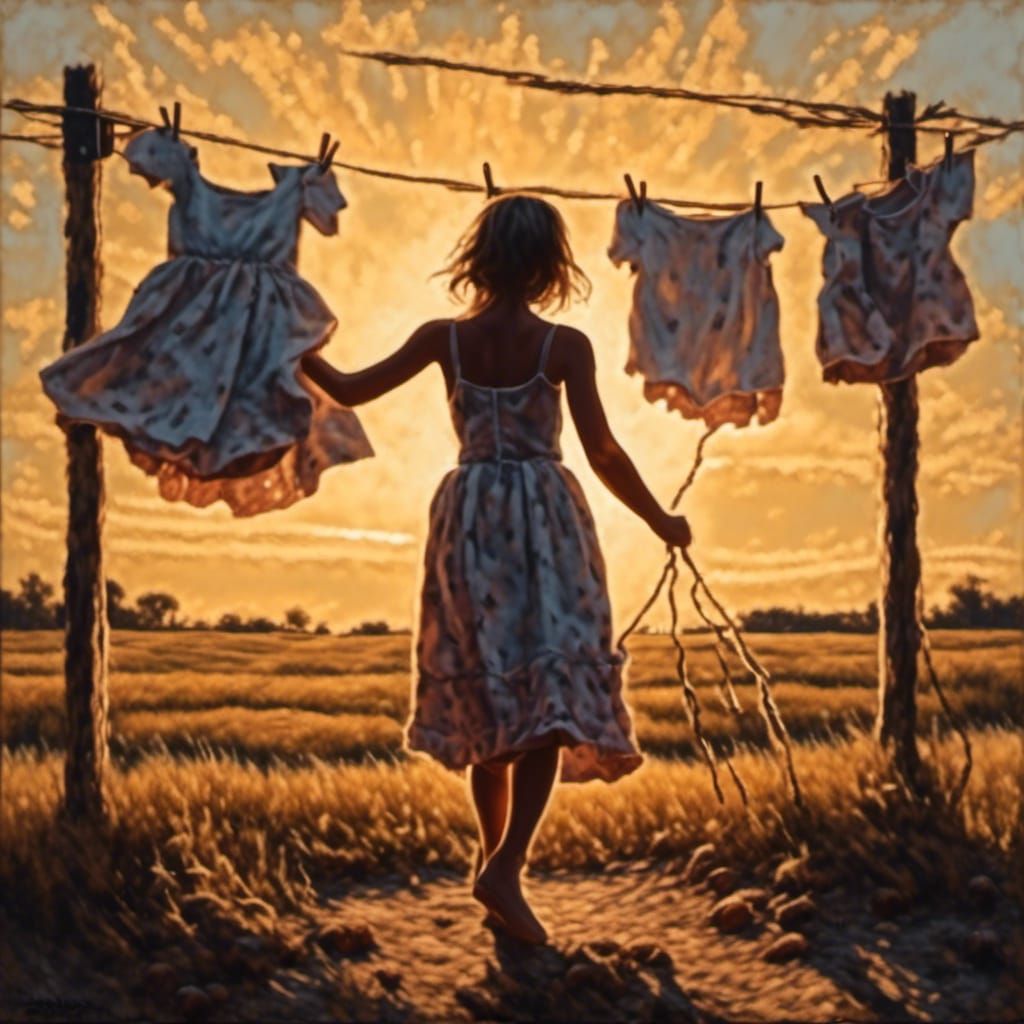 Grungy Oil Painting: Girl at Sunrise Clothesline