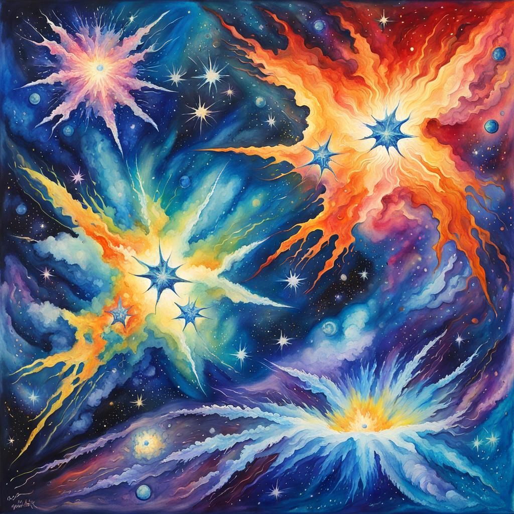 Colorful Pulsar Jets in Impressionist Gouache Style