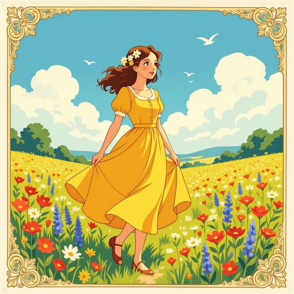 Woman in Meadow, Art Nouveau Style