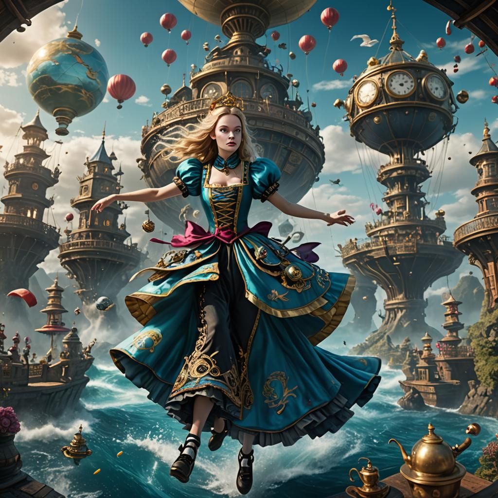 Steampunk Alice Karate Kick Under Aurora Borealis