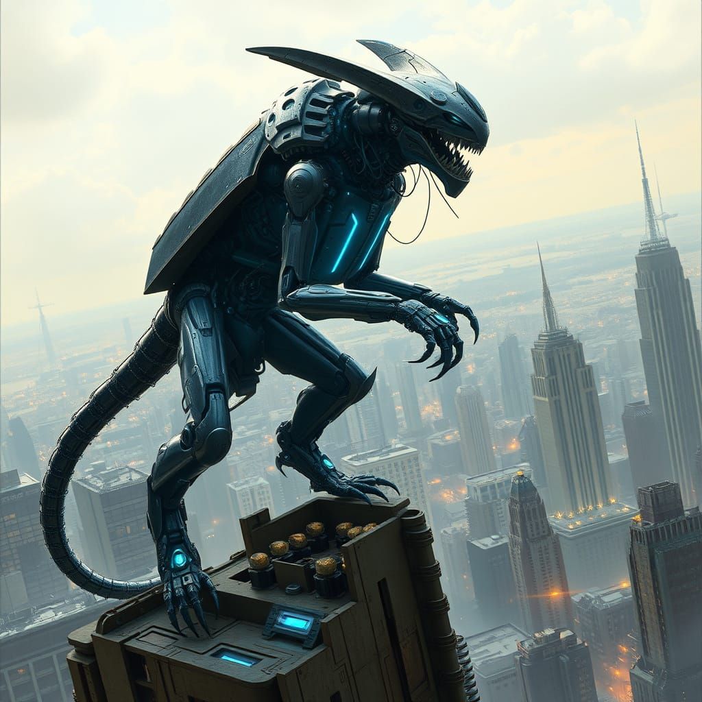 Cybernetic Apex Predator Dominates Dystopian Metropolis