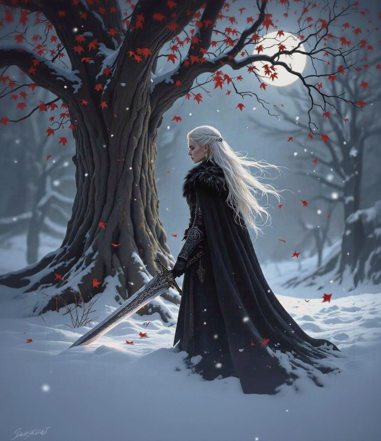 Nordic Knight Warrior Before Sacred Weirwood Tree