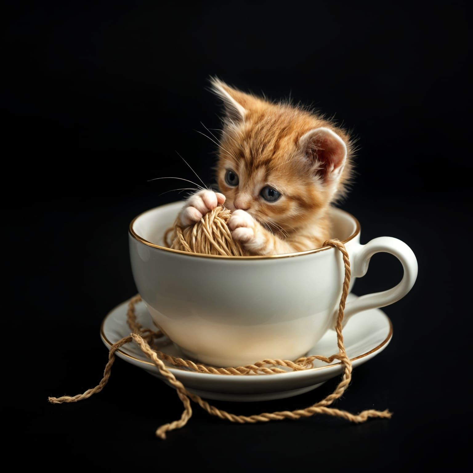 Tiny Kitten Plays with Yarn in Teacup
