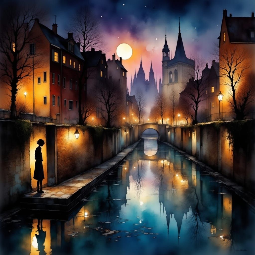 Woman on the Seine at Night: Impressionistic Watercolor